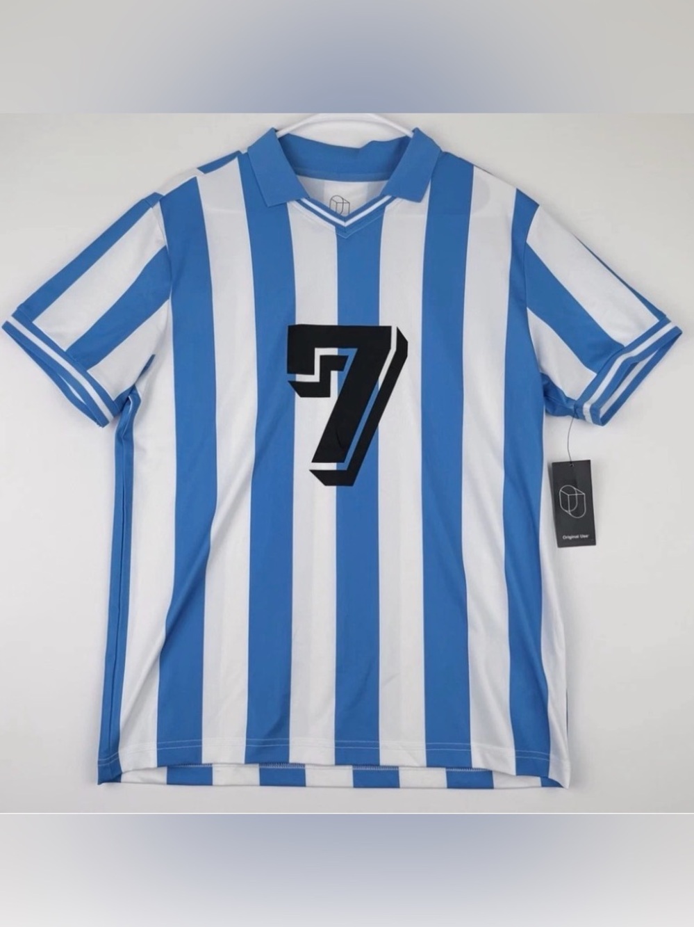 Original Use Blue & White Vertical Stripe Men's Jersey with Bold #7 size M